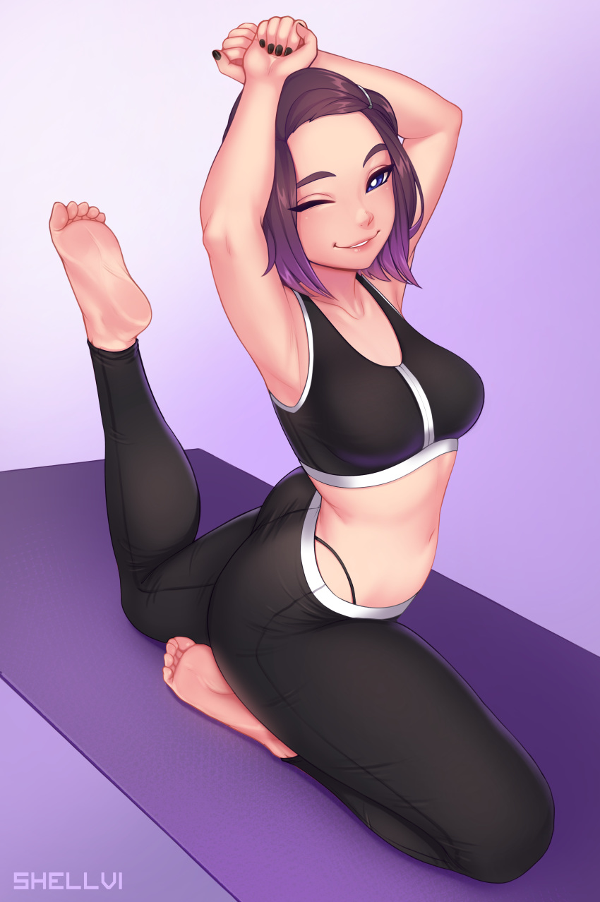 ;) absurdres arm_over_head armpits arms_up artist_name bad_id bad_pixiv_id barefoot black_hair black_nails black_pants black_sports_bra blue_eyes borrowed_character breasts collarbone commentary commission feet female full_body gradient_background highres leg_up looking_at_viewer medium_breasts one_eye_closed original pants panty_straps parted_lips pigeon_pose purple_background purple_hair sally_anne_hayes shellvi short_hair smile soles solo sports_bra stretching underwear yoga yoga_mat yoga_pants