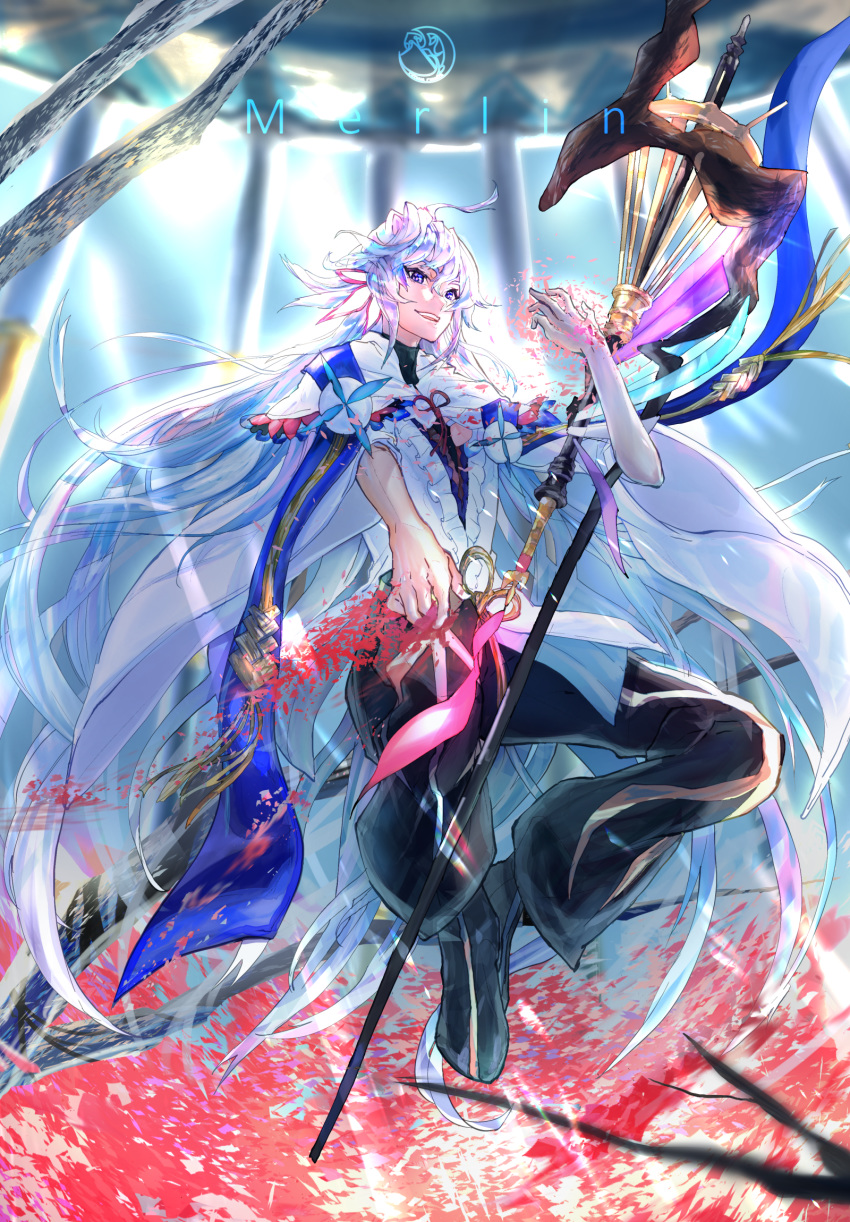 1boy ahoge bishounen black_pants canata_katana center_frills character_name fate/grand_order fate_(series) field flower flower_field flower_knot frills full_body garden_of_avalon hair_between_eyes hair_ornament highres holding holding_staff holding_weapon hood hood_down hooded_robe long_hair long_sleeves looking_at_viewer male_focus merlin_(fate) multicolored_hair pants parted_lips petals pink_ribbon purple_eyes ribbon robe solo staff tassel turtleneck two-tone_hair very_long_hair weapon white_hair white_robe wide_sleeves