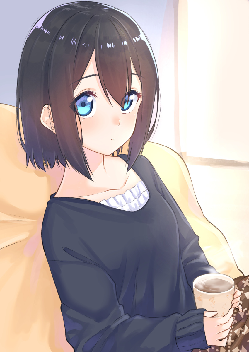 black_hair black_shirt blue_eyes blush collarbone commentary_request cup female hair_between_eyes highres holding holding_cup long_sleeves looking_at_viewer mug original parted_lips shirt sidelocks sitting sleeves_past_wrists solo steam suzunari_shizuku upper_body yuki_arare