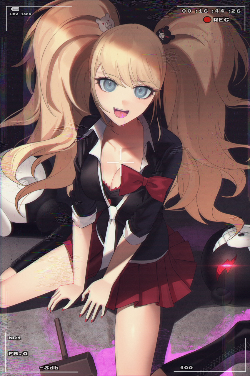 absurdres artist_name bad_id bad_pixiv_id big_hair black_shirt blonde_hair blood blue_eyes breasts cleavage danganronpa:_trigger_happy_havoc danganronpa_(series) enoshima_junko female fingernails hair_ornament hammer highres long_hair mamima medium_breasts monokuma nail_polish necktie pink_blood pleated_skirt recording red_nails school_uniform shirt sitting skirt smile solo tongue twintails white_necktie