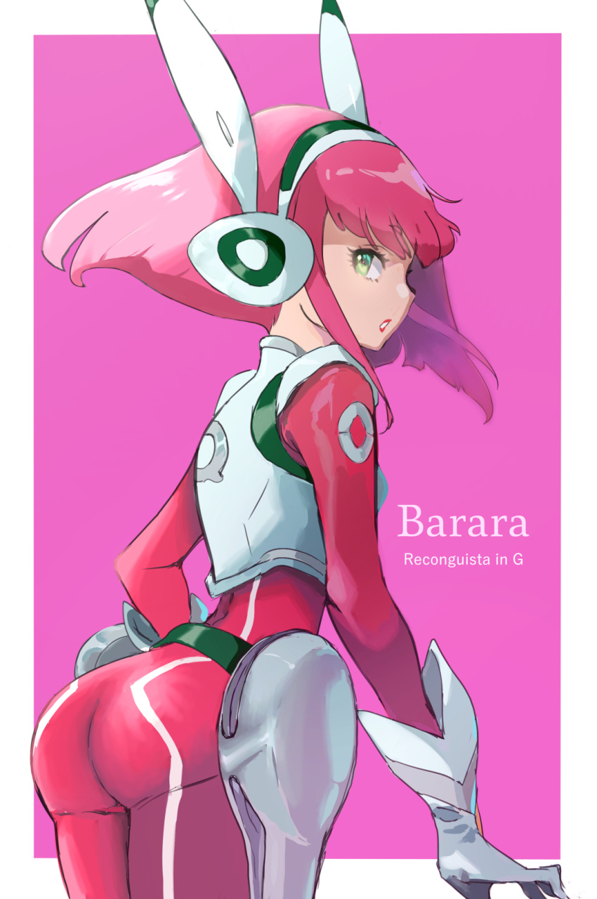 ass barara_peol bodysuit border character_name copyright_name female from_behind from_side green_eyes gundam gundam_g_no_reconguista highres leaning_forward looking_to_the_side nao32 parted_lips pilot_suit pink_background pink_bodysuit pink_hair science_fiction short_hair solo white_border