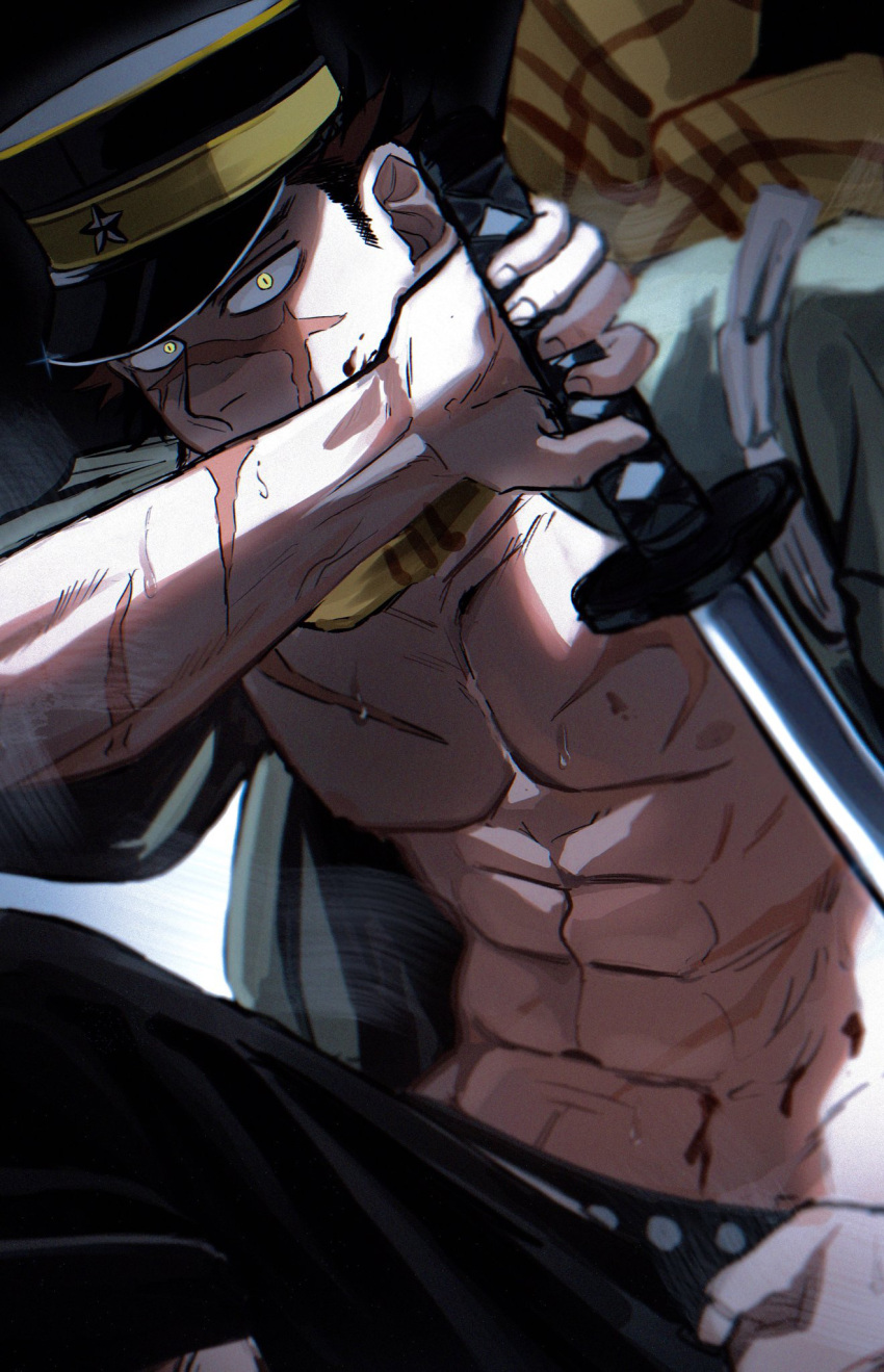 1boy bad_id bad_pixiv_id bare_pectorals blood blood_on_face brown_eyes brown_hair fighting_stance glaring glowing glowing_eyes golden_kamuy hat highres holding holding_sword holding_weapon katana kepi looking_at_viewer male_focus military_hat nipples pectorals scar scar_on_cheek scar_on_chest scar_on_face scar_on_mouth scar_on_nose serious short_hair sideburns solo spiked_hair sugimoto_saichi sweat sword ton_(ton19130318) toned toned_male weapon yellow_eyes