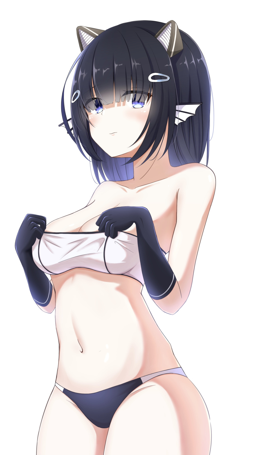 absurdres alternate_hairstyle azur_lane bandeau bare_shoulders bikini black_gloves black_hair blue_bikini blue_eyes blunt_bangs breasts cien_(shikanokuni) cleavage closed_mouth clothes_pull collarbone commentary cowboy_shot elbow_gloves female fins gloves groin hair_ornament hair_over_eyes hairclip head_fins headgear highres i-56_(azur_lane) medium_breasts medium_hair midriff navel sidelocks simple_background solo standing strapless swimsuit taut_clothes tube_top_pull white_background