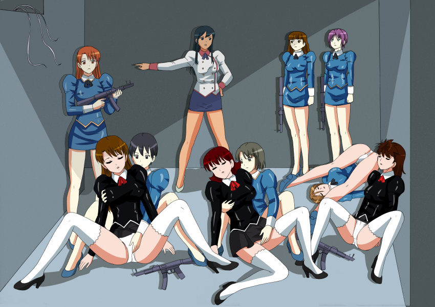 6+girls absurdres agent_aika aika_(series) ass black_delmo black_delmo_a blue_delmo blue_delmo_b blue_delmo_s blue_delmo_u blue_hair blue_skirt breasts brown_hair buttons closed_eyes commentary_request crotch_seam delmogeny_uniform dress fainting group_sex high_heels highres indoors jacket juliet_sleeves long_hair long_sleeves lying miniskirt multiple_girls naomi_(agent_aika) on_back on_floor open_mouth orgy panties pencil_skirt puffy_long_sleeves puffy_sleeves rape ribbon sae_(agent_aika) skirt socks thighhighs thighs unconscious underwear uniform white_delmo white_delmo_p white_jacket white_legwear white_panties xfqn yuri