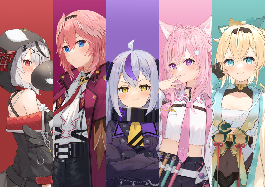 5girls animal_ear_fluff animal_ears armor ascot black_hair black_jacket blonde_hair blue_eyes bodystocking chest_sarashi cloak closed_mouth collar commentary_request crop_top fangs fangs_out faulds grey_hair hair_wings hakui_koyori hakui_koyori_(1st_costume) hand_to_own_mouth hand_up haori hololive holox hood hood_up horns jacket japanese_clothes kazama_iroha kazama_iroha_(1st_costume) la+_darknesss la+_darknesss_(1st_costume) long_hair long_sleeves looking_at_viewer mask metal_collar mirai_(mirai76_) multicolored_hair multiple_girls necktie pink_hair pink_necktie purple_eyes purple_hair red_cloak red_eyes red_necktie sakamata_chloe sakamata_chloe_(1st_costume) sarashi shirt short_hair smile streaked_hair striped_horns takane_lui takane_lui_(1st_costume) unworn_mask virtual_youtuber white_shirt wings yellow_ascot yellow_eyes