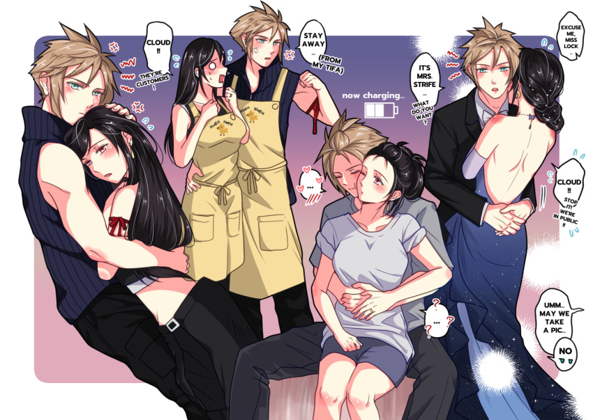 1boy apron arm_ribbon babigonice backless_dress backless_outfit bare_shoulders black_hair blonde_hair blue_dress blue_eyes blush breasts cloud_strife comforting couple detached_sleeves dress earrings english_text female final_fantasy final_fantasy_vii final_fantasy_vii_advent_children formal hand_on_another's_head high_collar hug hug_from_behind jewelry large_breasts long_hair red_eyes ribbon shirt sitting sleeveless speech_bubble spiked_hair standing straight suit t-shirt tifa_lockhart