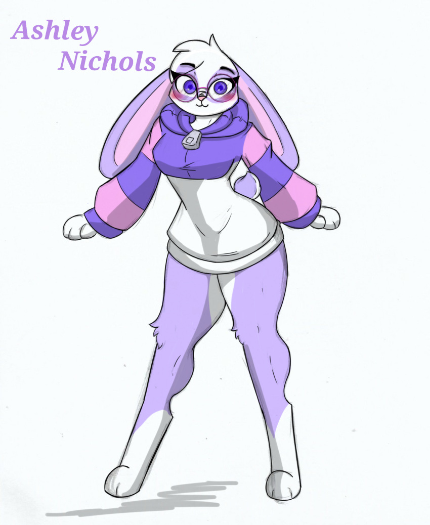 anthro ashley_nichols blush clothing eyewear female glasses hi_res hoodie hunibun lagomorph leporid long_ears mammal pace-maker rabbit solo sweater thick_thighs topwear