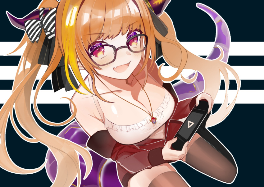 bare_shoulders bespectacled black-framed_eyewear black_background black_ribbon black_thighhighs blonde_hair blush bow breasts camisole cleavage collarbone commentary diagonal-striped_bow diagonal_stripes dragon_girl dragon_horns dragon_tail female foot_out_of_frame frilled_camisole frills glasses hair_ribbon handheld_game_console holding holding_handheld_game_console hololive horn_bow horn_ornament horns jacket jewelry kiryu_coco kiryu_coco_(loungewear) large_breasts long_hair long_sleeves looking_at_viewer looking_up multicolored_eyes multicolored_hair no_shoes oerba_yun_fang off_shoulder official_alternate_costume open_clothes open_jacket open_mouth orange_hair outline partially_unzipped pendant pointy_ears purple_eyes red_eyes red_jacket ribbon shirt sidelocks simple_background sitting skin_fang skindentation sleeveless sleeveless_shirt solo spaghetti_strap streaked_hair striped striped_background striped_bow symbol-only_commentary tail thighhighs track_jacket twintails uehara_(dormmmmir_) virtual_youtuber wariza white_camisole white_outline