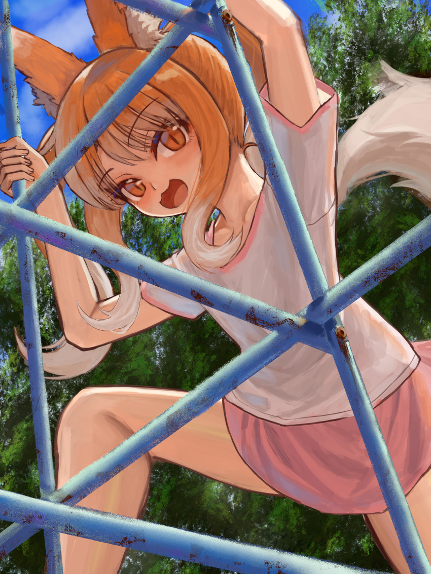 :3 animal_ear_fluff animal_ears climbing collarbone commentary_request day female flat_chest gradient_hair grey_hair highres jungle_gym long_hair looking_at_viewer miniskirt multicolored_hair open_mouth orange_eyes orange_hair original outdoors partial_commentary pink_skirt shimogami_ataru shirt short_sleeves skirt slit_pupils solo tail twintails white_shirt