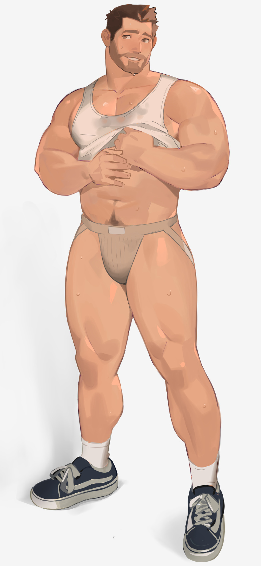 1boy abs absurdres bara bare_shoulders beard brown_hair brown_male_underwear bulge clothes_lift facial_hair full_body highres horikwawataru jockstrap large_pectorals lifting_own_clothes looking_to_the_side male_focus male_underwear mature_male midriff_peek muscular muscular_male navel navel_hair no_pants original pectoral_cleavage pectorals shirt_lift shoes short_hair sidepec smile sneakers solo stomach sweatdrop tank_top thick_thighs thighs underwear white_tank_top