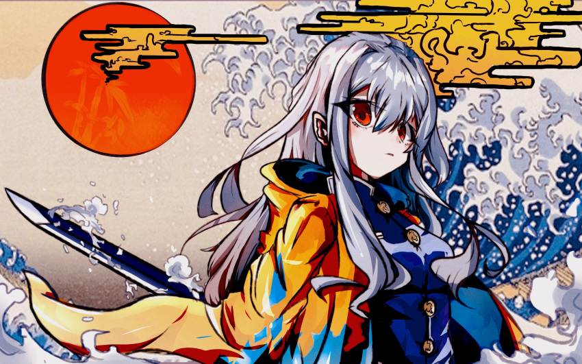 absurdres arknights bad_id bad_pixiv_id buttons cape check_commentary cloud commentary commentary_request female fine_art_parody grey_hair highres hood jacket kanagawa kanagawa_okinami_ura long_hair lulu_(15183338668) parody parted_lips red_eyes red_sun rising_sun_flag skadi_(arknights) solo sun sunburst sword waves weapon yellow_jacket