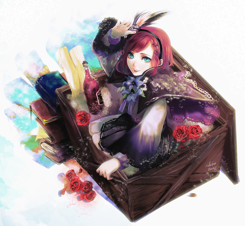 blue_eyes book box bracelet braid commentary_request female flower hair_ornament hairband highres hosokawa_gracia_(sengoku_musou) ihiro jewelry photoshop_(medium) red_flower red_hair red_rose rose salute sengoku_musou short_hair sitting smile solo