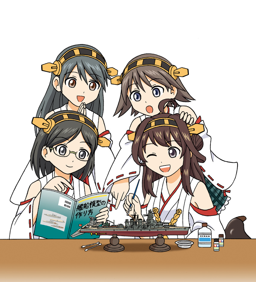 4girls :d ;d absurdres ahoge art_brush black_hair book brown_eyes brown_hair commentary_request detached_sleeves double_bun glasses grey_eyes grey_hair hair_bun hairband haruna_(kancolle) headpat hiei_(kancolle) highres holding holding_book holding_brush holding_paintbrush hoshino_banchou kantai_collection kirishima_(kancolle) kongou_(battleship) kongou_(kancolle) long_hair military military_vehicle model_kit model_ship multiple_girls nontraditional_miko one_eye_closed open_mouth paintbrush photoshop_(medium) pointing ship short_hair simple_background smile translation_request vehicle_and_personification warship watercraft white_background