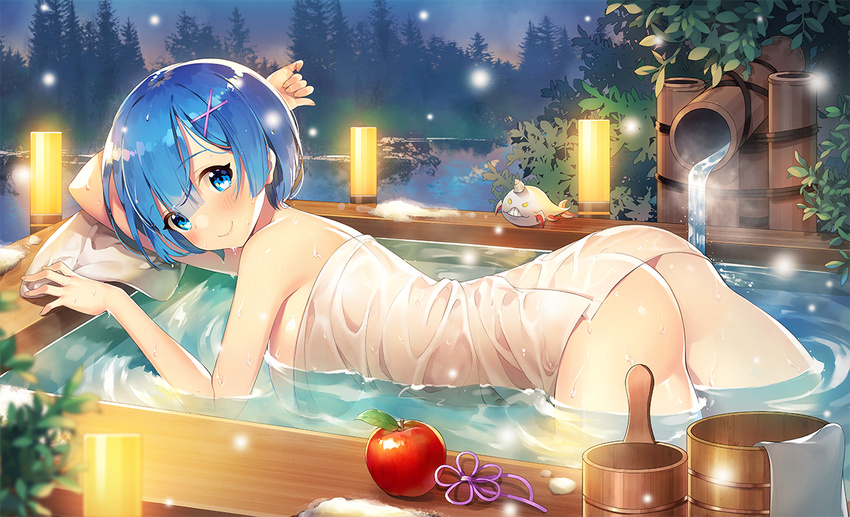 apple arm_support ass ayamy bare_arms bare_shoulders bathing blue_eyes blue_hair blurry blurry_foreground blush breasts bucket closed_mouth commentary creature depth_of_field female fireflies food forest from_side fruit hair_ornament hakugei_(re:zero) hanging_breasts light looking_at_viewer looking_to_the_side medium_breasts naked_towel nature outdoors outstretched_arms partially_submerged re:zero_kara_hajimeru_isekai_seikatsu rem_(re:zero) shiny_skin short_hair smile solo steam tareme towel tree water wet wet_hair wooden_bucket x_hair_ornament