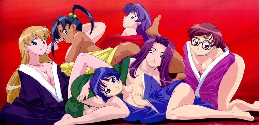 6+girls 6girls ai_yori_aoshi all_fours bare_shoulders barefoot black_eyes black_hair blonde_hair blue_hair breasts cleavage dark_skin everyone feet glasses japanese_clothes kagurazaki_miyabi kimono legs long_hair looking_at_viewer looking_back lying minazuki_chika minazuki_taeko miyuki_mayu multiple_girls no_bra no_panties on_side purple_hair red_hair sakuraba_aoi short_hair sitting smile thighs tina_foster toes twintails