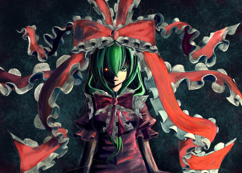 bad_id bad_pixiv_id bow breasts dress female frills glowing glowing_eye green_eyes green_hair grin hair_ribbon hairbow kagiyama_hina marubororaito medium_breasts ribbon smile solo touhou