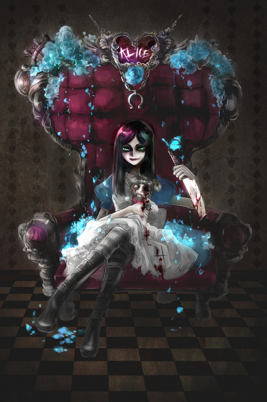 alice:_madness_returns alice_(wonderland) alice_in_wonderland alice_liddell american_mcgee's_alice apron black_hair blood boots butterfly chair doll dress female flower green_eyes hara highres insects insext knife legs_crossed long_hair looking_at_viewer pale_skin rose sitting skirt smile solo striped striped_legwear striped_stockings thighhighs