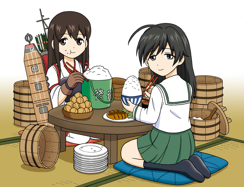 2girls ahoge akagi_(kancolle) arrow_(projectile) black_eyes black_hair black_socks black_thighhighs bowl brown_eyes brown_hair bucket chopsticks commentary crossover cushion eating food girls_und_panzer green_skirt highres holding hoshino_banchou isuzu_hana japanese_clothes kantai_collection long_hair looking_at_viewer multiple_girls muneate ohitsu ooarai_school_uniform photoshop_(medium) pleated_skirt repair_bucket rice rice_bowl school_uniform seiza serafuku shamoji sitting skirt socks tasuki tatami thighhighs trait_connection translated white_legwear wooden_bucket zabuton zettai_ryouiki