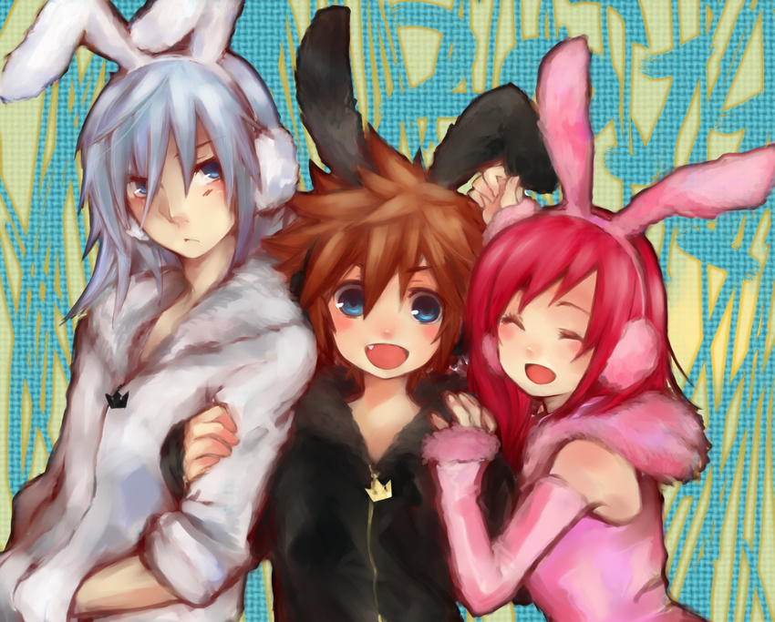 2boys animal_ears bad_id bad_pixiv_id blue_eyes brown_hair earmuffs female grey_hair kairi_(kingdom_hearts) kingdom_hearts multiple_boys nanceee_305 oerba_yun_fang pink_hair rabbit_ears riku_(kingdom_hearts) sora_(kingdom_hearts)