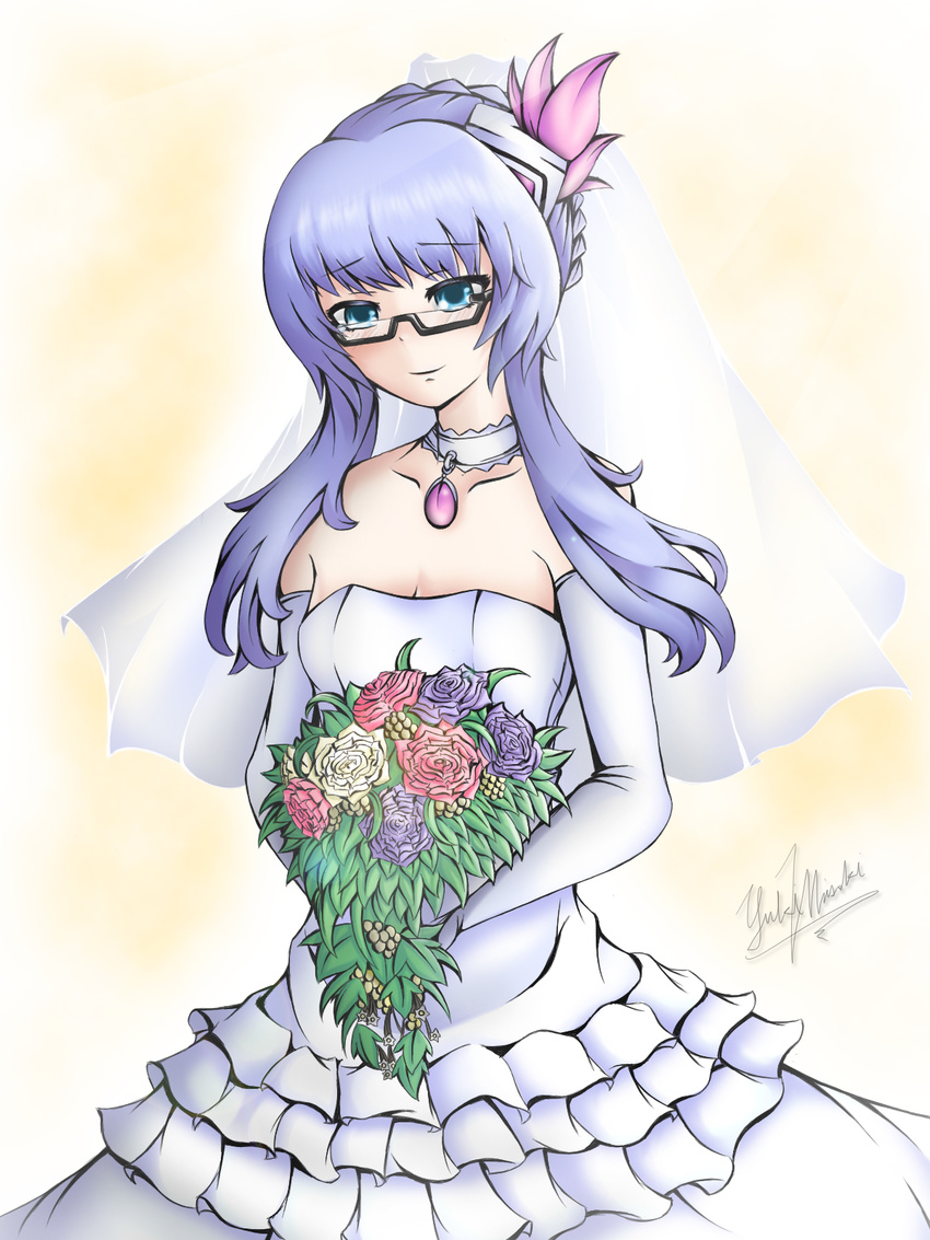 blue_eyes blue_hair breasts commentary_request dress female glasses highres kiseijou_rei long_hair neptune_(series) photoshop_(medium) smile solo verniy_misaki wedding_dress