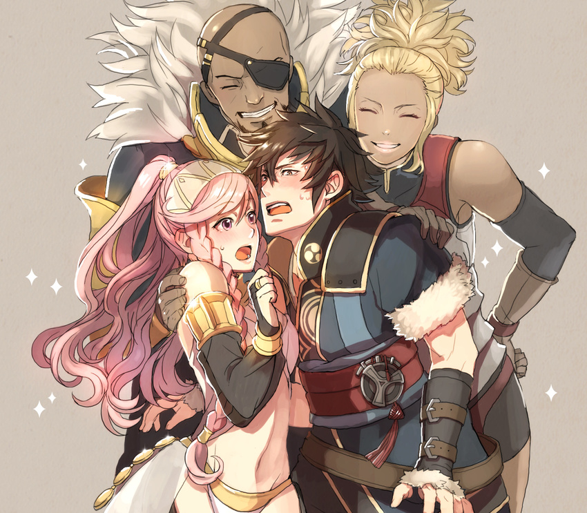 2boys 2girls :o bald bare_shoulders basilio_(fire_emblem) blonde_hair bridal_gauntlets closed_eyes commentary_request couple dark-skinned_male dark_skin eyepatch fingerless_gloves fire_emblem fire_emblem_awakening flavia_(fire_emblem) fur_trim gloves highres kitte_(hujikoru) lon'qu_(fire_emblem) long_hair midriff multiple_boys multiple_girls olivia_(fire_emblem) pink_eyes pink_hair short_hair smile sparkle straight surprised sweatdrop