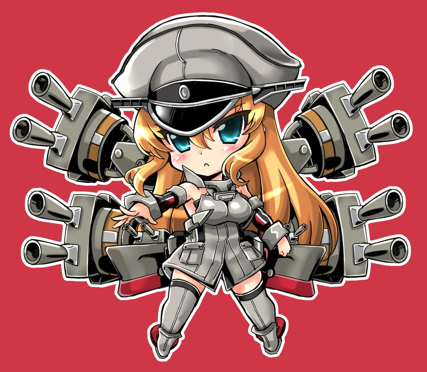 :< aqua_eyes arm_warmers bare_shoulders bismarck_(kancolle) blonde_hair blush bottomless breasts chibi closed_mouth commentary_request female full_body grey_thighhighs hat hata_(transistor_baby) highres kantai_collection large_breasts long_hair machinery military military_uniform outline outstretched_arm peaked_cap pink_background sleeveless solo thighhighs turret uniform v-shaped_eyebrows very_long_hair zettai_ryouiki