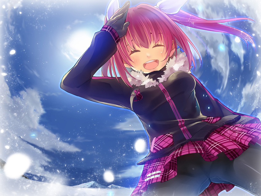 chig closed_eyes commentary_request facing_viewer female from_below hair_ribbon jacket mittens open_mouth pantyhose photoshop_(medium) red_hair ribbon salute solo twintails umi_monogatari urin_(umi_monogatari)