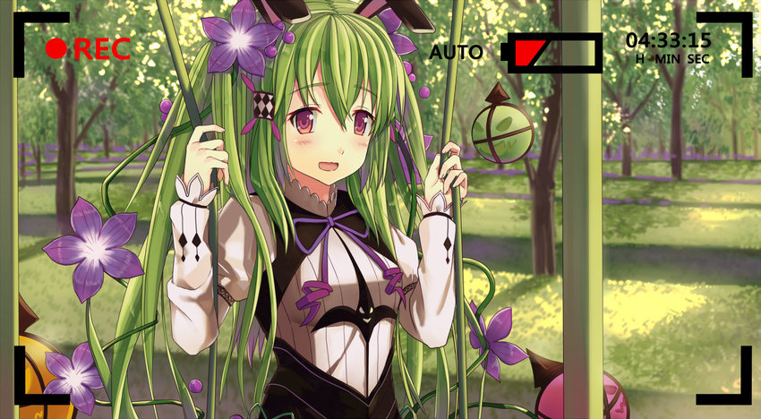 alraune_(p&d) animal_ears blush commentary_request dress fake_animal_ears female flower forest green_hair hair_flower hair_ornament hair_tubes halloween long_hair looking_at_viewer nature piza_rokumai purple_eyes puzzle_&_dragons rabbit_ears recording smile solo swing tree very_long_hair