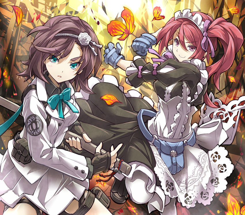 2girls 7th_dragon_(series) 7th_dragon_iii aqua_bow aqua_eyes belt black_dress bow brown_gloves brown_hair commentary_request dress expressionless fingerless_gloves gauntlets gloves god-hand_(7th_dragon) hair_between_eyes highres lolita_fashion long_sleeves looking_at_viewer maid multiple_girls pantyhose parted_lips pink_eyes red_hair samurai_(7th_dragon_series) sheath shirosa shoes smile unsheathed unsheathing white_legwear yaiba_(7th_dragon_iii)