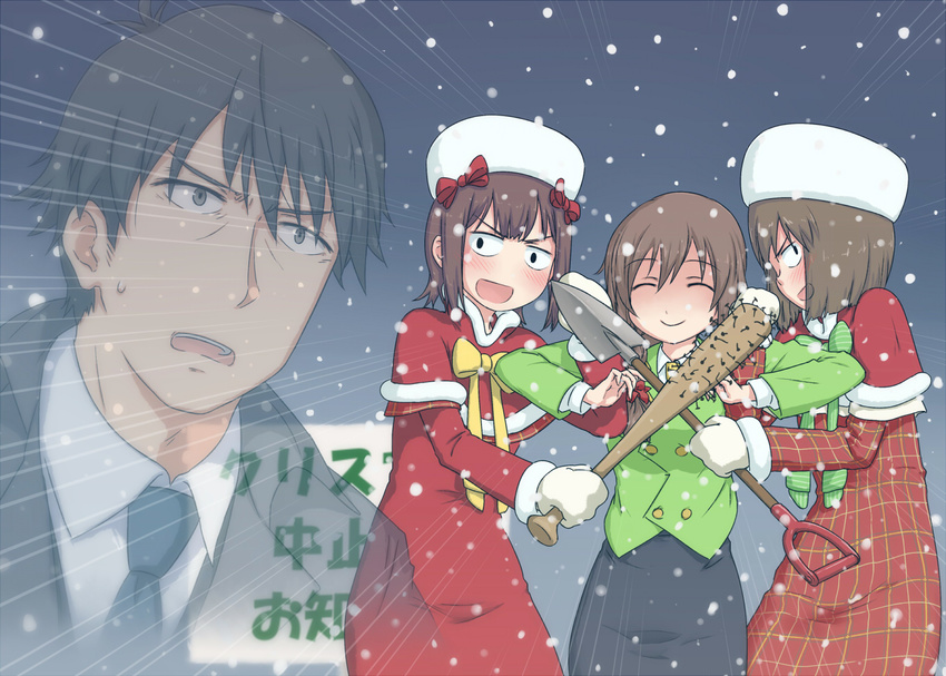 1boy 3girls amami_haruka baseball_bat blush braid brown_hair capelet christmas christmas_is_cancelled coat commentary crossover false_smile formal hagiwara_yukiho hair_ribbon hat idolmaster idolmaster_(classic) idolmaster_cinderella_girls locked_arms long_hair multiple_girls nail nail_bat necktie open_mouth producer_(idolmaster) producer_(idolmaster_cinderella_girls_anime) puton ribbon senkawa_chihiro short_hair single_braid smile sweat