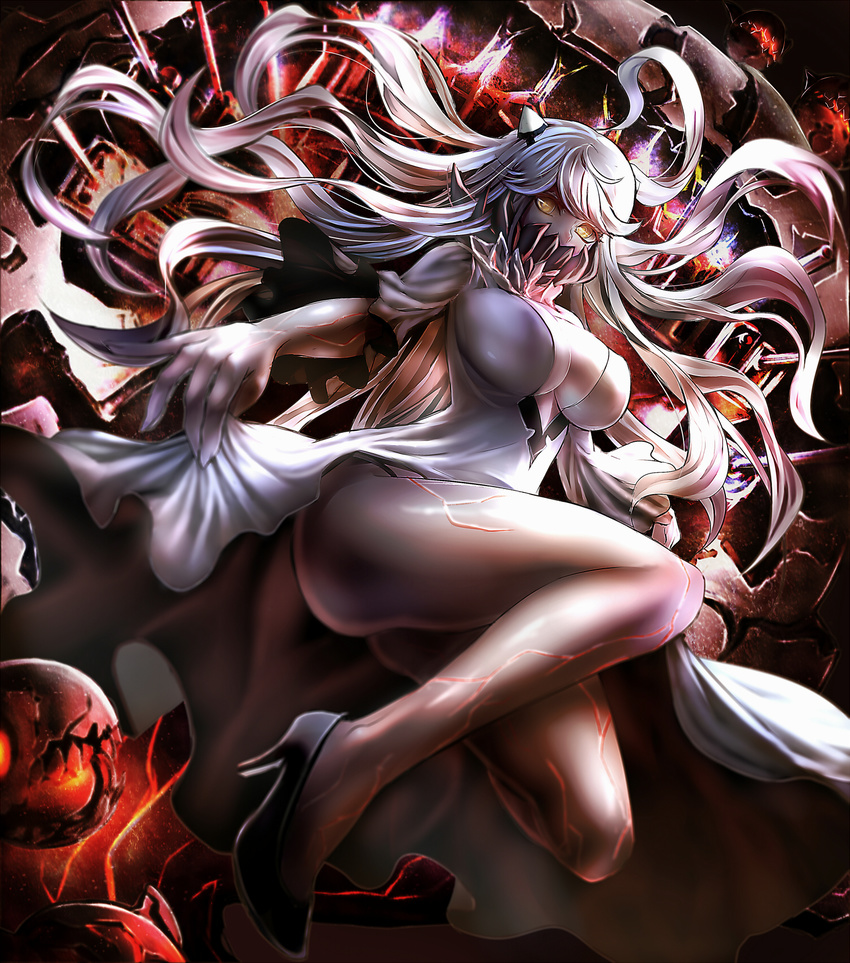 bad_id bad_pixiv_id banned_artist breasts dress high_heels highres hinoura111 horns kantai_collection large_breasts long_hair looking_at_viewer midway_hime pale_skin panties shinkaisei-kan solo underwear veins white_hair yellow_eyes