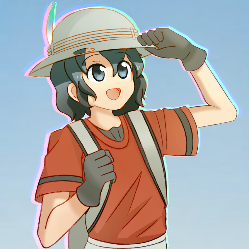 :d backpack bag black_gloves blue_eyes blue_hair commentary_request gloves gradient_ray hand_on_headwear hat hat_feather helmet holding_strap kaban_(kemono_friends) kemono_friends open_mouth pith_helmet red_shirt shirt smile