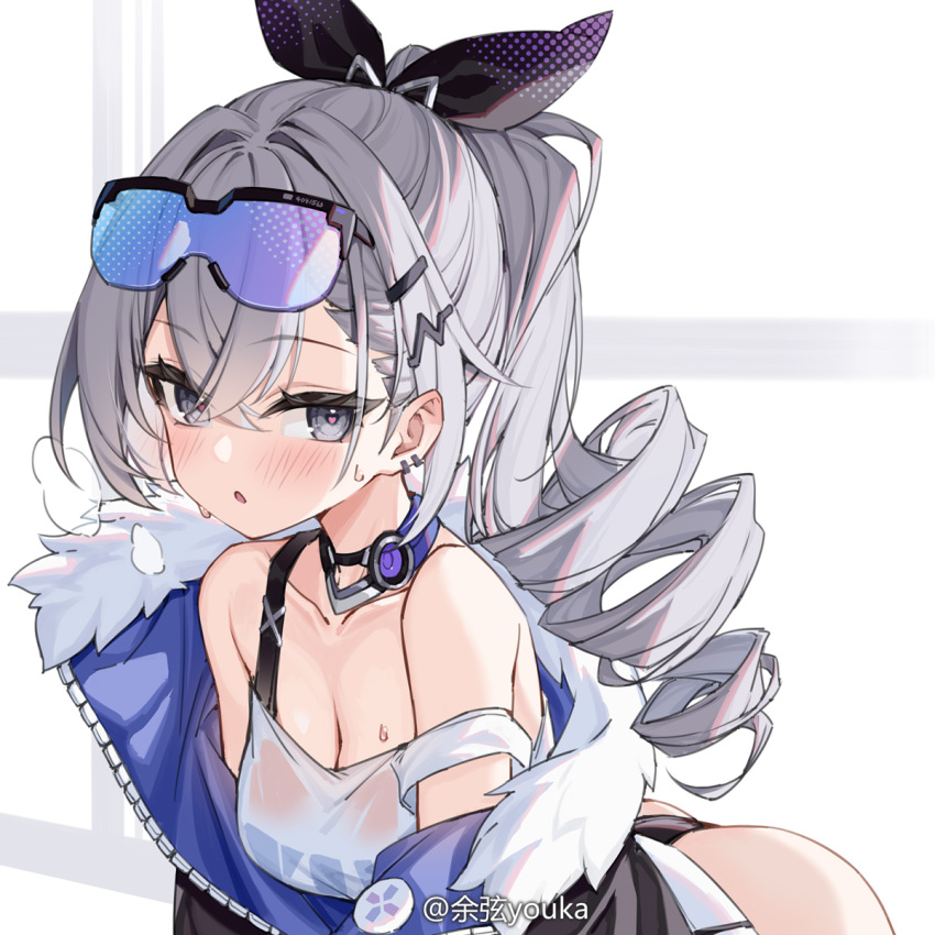 :o ass bare_shoulders black_jacket black_panties black_ribbon blue-tinted_eyewear blush breasts cleavage collarbone commentary eyewear_on_head female fur-trimmed_jacket fur_trim grey_eyes grey_hair hair_ornament hair_ribbon hairclip highres honkai:_star_rail honkai_(series) jacket leaning_forward long_hair looking_at_viewer medium_breasts panties parted_lips ponytail ribbon ringlets see-through silver_wolf_(honkai:_star_rail) single_strap solo strap_slip sweat tinted_eyewear underwear very_long_hair yuxian_youka