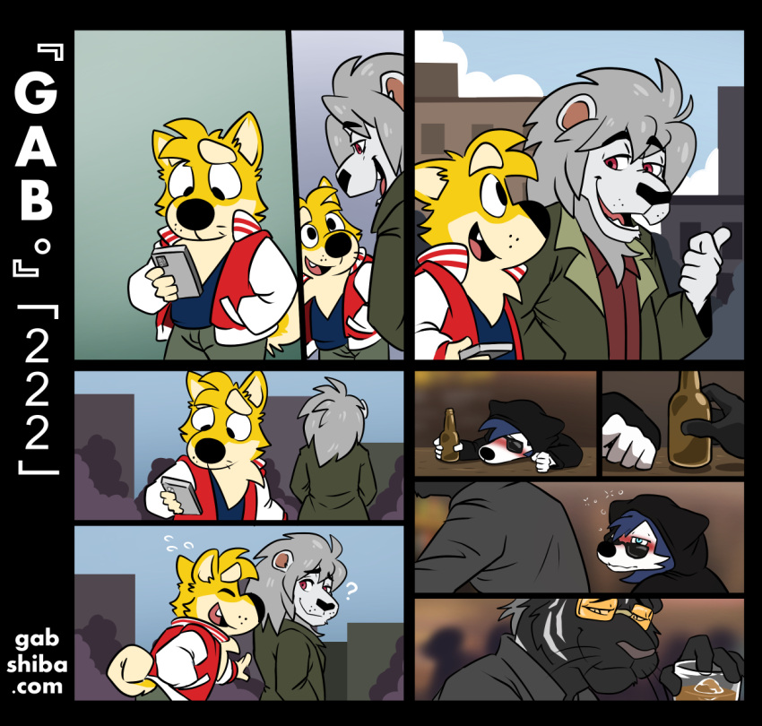 alcohol anthro bau_husky beverage black_clothing black_hoodie black_nose black_topwear blue_body blue_fur blush bottle bubble canid canine canis cellphone clothed clothing container cup curled_tail disguise domestic_dog drinking drunk drunk_bubble duo electronics elion_(gabshiba) felid fur gab_(comic) gab_shiba gabshiba hand_in_pocket holding_bottle holding_cellphone holding_container holding_cup holding_object holding_phone hoodie husky inside lion looking_at_another looking_at_cellphone looking_at_object looking_at_phone male mammal nordic_sled_dog outside pantherine phone pockets red_eyes shiba_inu solo spitz substance_intoxication tail text tiger topwear walking wearing_sunglasses white_body white_fur yellow_body yellow_fur