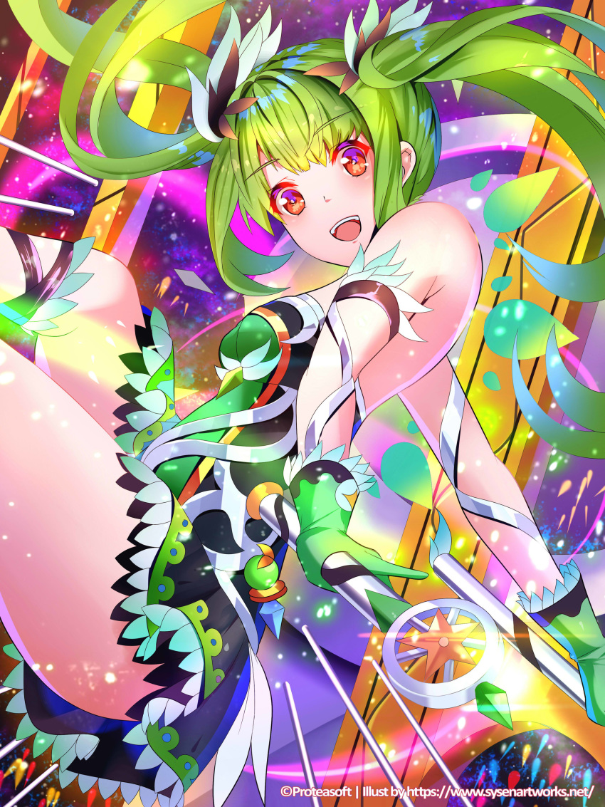 :d absurdres bare_shoulders breasts cleavage commentary_request eternal_wars fantasy female gloves green_gloves green_hair highres holding holding_wand looking_at_viewer medium_breasts official_art open_mouth red_eyes smile solo sysen twintails wand watermark web_address