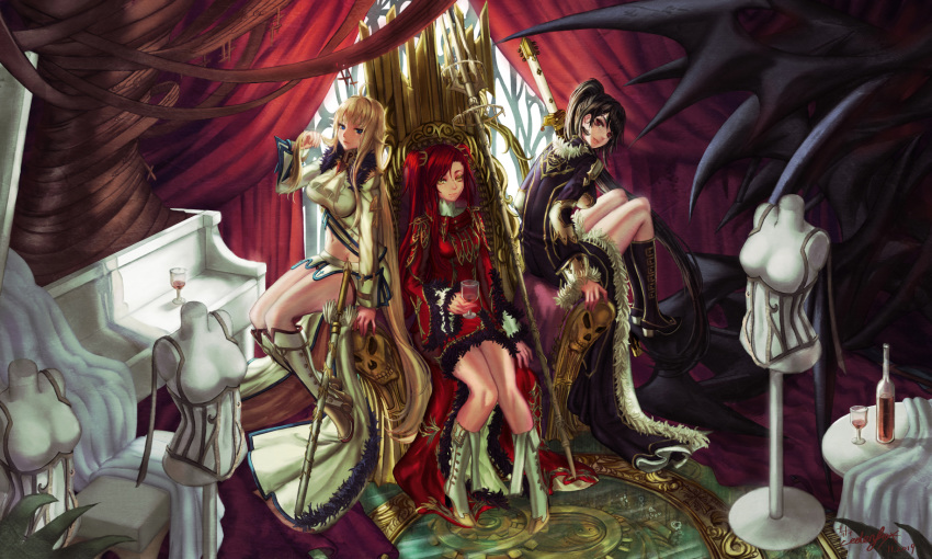 3girls ahoge black_hair blonde_hair blue_eyes boots bottle breasts closed_mouth commentary_request cup drinking_glass edenfox fur_trim high_collar highres katana long_hair looking_at_viewer mannequin medium_breasts multiple_girls original parted_lips photoshop_(medium) polearm queen red_eyes red_hair sitting smile sword trident twintails vampire very_long_hair weapon wine_bottle wine_glass yellow_eyes