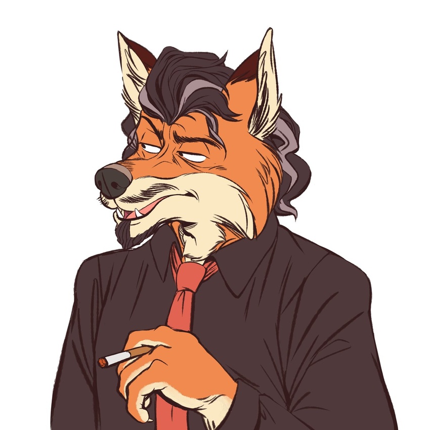 1:1 anthro black_hair black_nose canid canine cigarette clothing dress_shirt facial_hair fox fredryk_phox_(character) fur hair hi_res inner_ear_fluff looking_aside male mammal multicolored_body multicolored_fur multicolored_hair necktie open_mouth orange_body orange_fur shirt simple_background solo teeth topwear tuft zarockthewolf