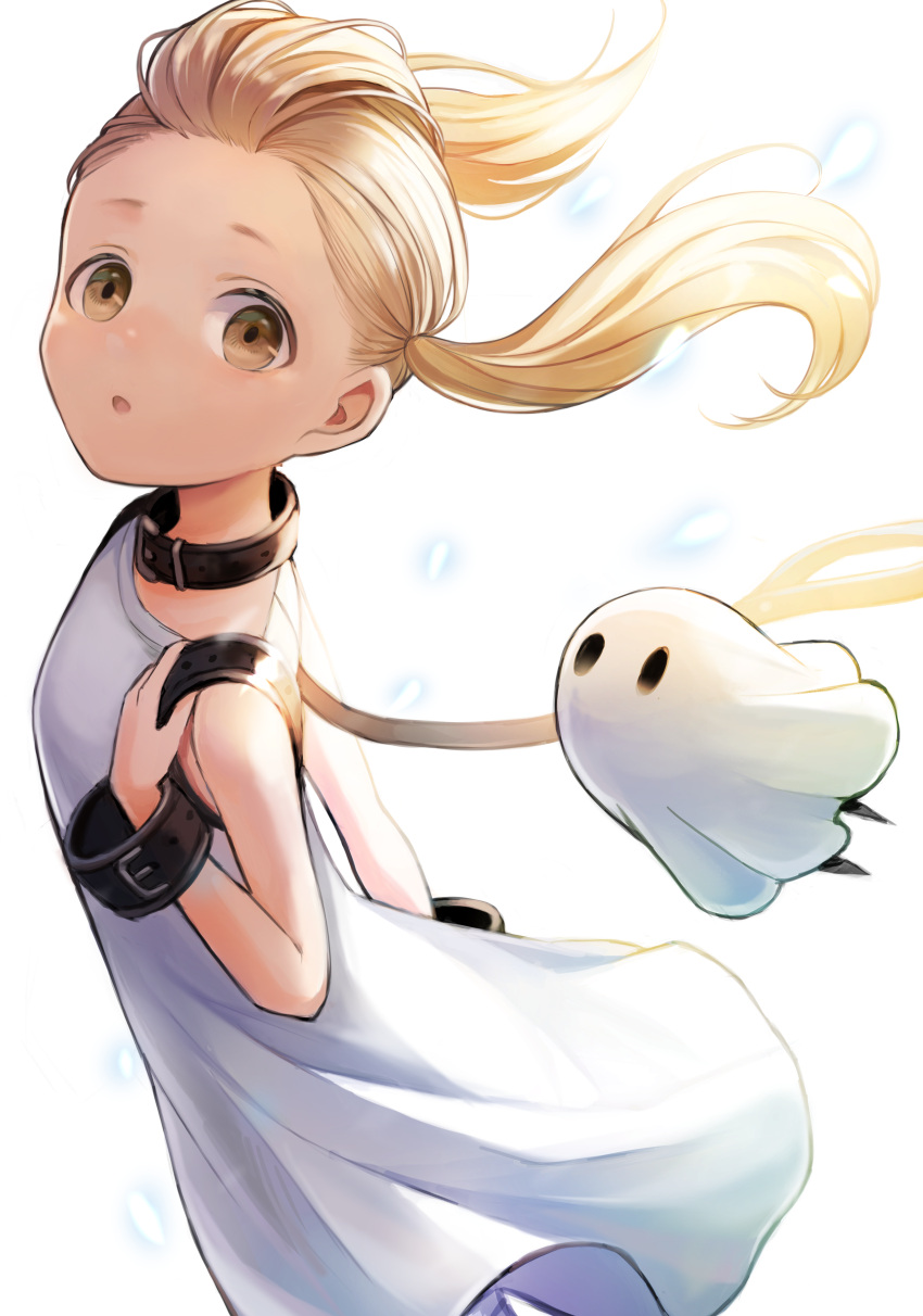 absurdres bangs_pinned_back bare_shoulders black_collar blonde_hair collar cuffs dress female fio_(nier) grey_eyes highres long_hair looking_at_viewer mama_(nier) moguta_(moguta9) nier_(series) nier_reincarnation open_mouth simple_background sleeveless sleeveless_dress solo twintails white_background white_dress