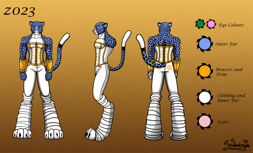 2009 cheetah clothed clothing felid feline heterochromia male mammal model_sheet saillestraife solo