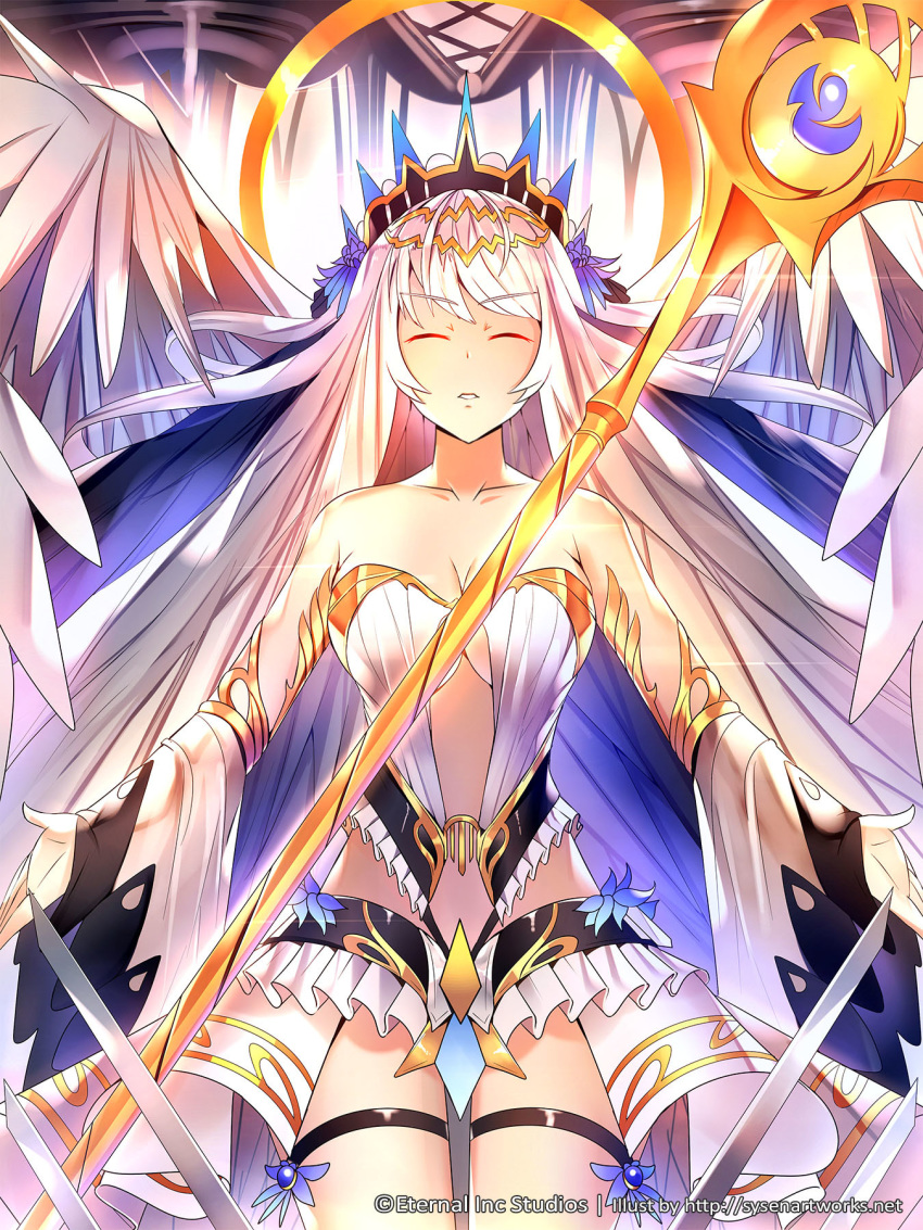 angel_wings breasts cleavage detached_sleeves eternal_wars facing_viewer feathered_wings female gold_trim highres indoors medium_breasts midriff official_art staff standing sysen thigh_strap thighhighs white_hair wings