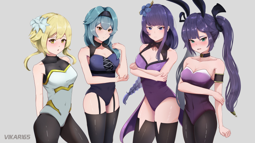 4girls :o absurdres animal_ears arms_behind_back artist_name bare_shoulders blonde_hair blue_hair blush breasts choker cleavage collarbone covered_navel dress elbow_rest eula_(genshin_impact) flower garter_straps genshin_impact grey_background hair_between_eyes hair_flower hair_ornament highres large_breasts leotard light_frown long_hair low_twintails lumine_(genshin_impact) medium_breasts mona_(genshin_impact) multiple_girls pantyhose playboy_bunny purple_eyes purple_hair rabbit_ears raiden_shogun strapless strapless_dress thighhighs thighs twintails vikar yellow_eyes