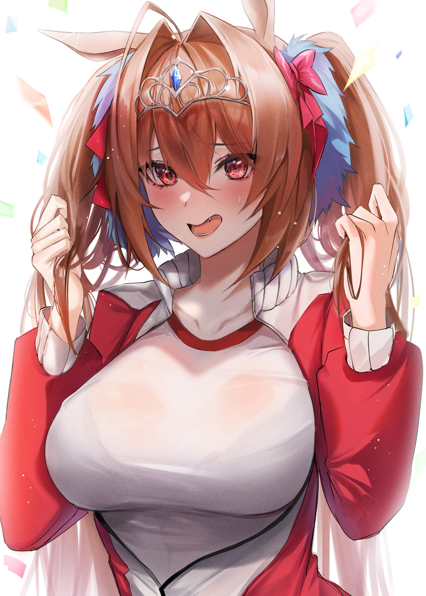 absurdres animal_ears breasts brown_hair circlet daiwa_scarlet_(umamusume) female hair_intakes hair_ornament highres horse_ears horse_girl jacket large_breasts long_hair looking_at_viewer mookie_(e_mook9) open_clothes open_jacket red_eyes shirt solo tiara twintails umamusume very_long_hair