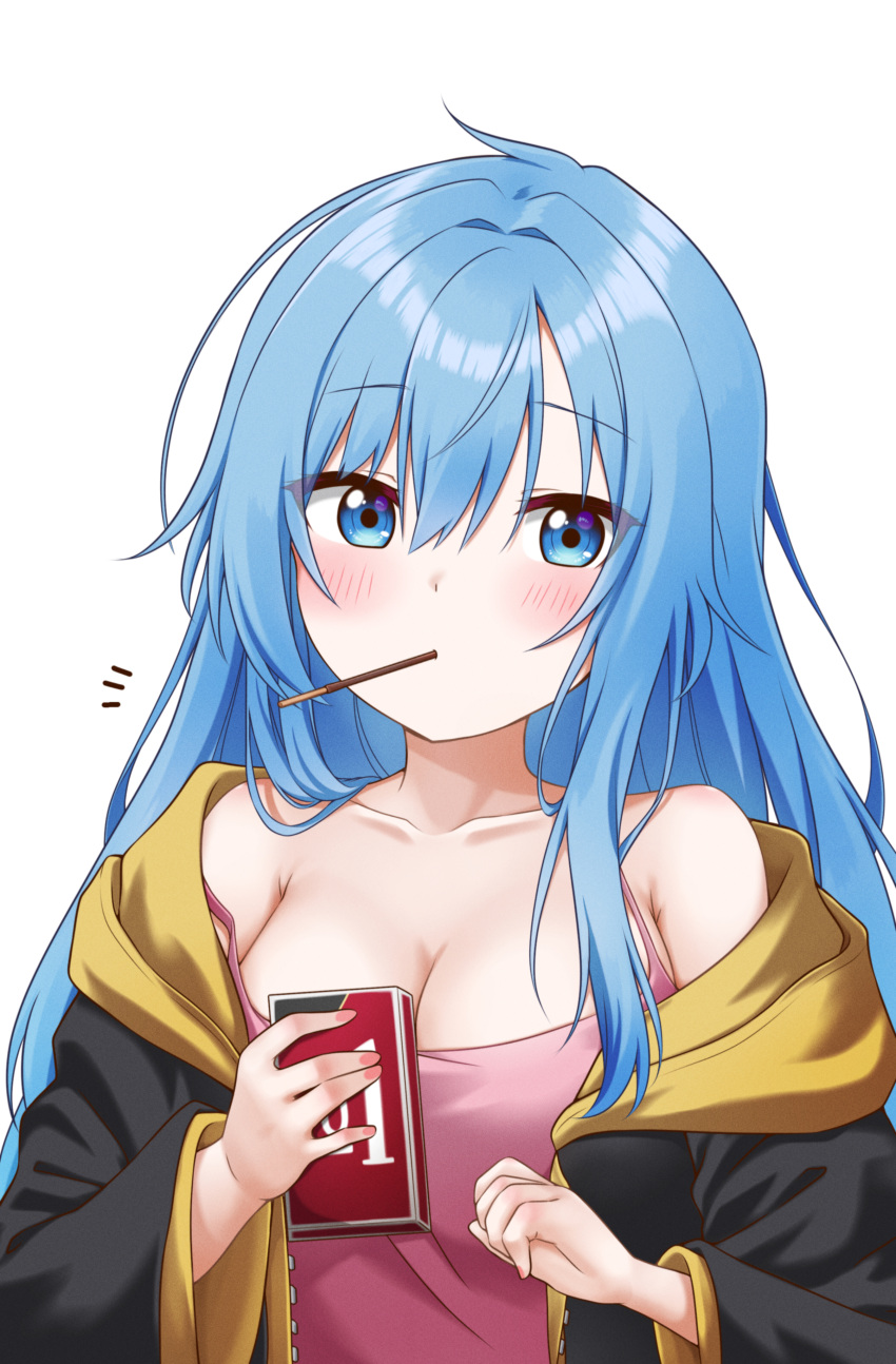 absurdres armpit_crease black_jacket blue_eyes blue_hair blush box breasts cleavage collarbone elie_wayne female food food_in_mouth highres holding holding_box jacket jan_azure large_breasts long_hair long_sleeves looking_at_viewer off_shoulder original pink_tank_top pocky pocky_in_mouth sidelocks simple_background solo strap_slip tank_top upper_body white_background