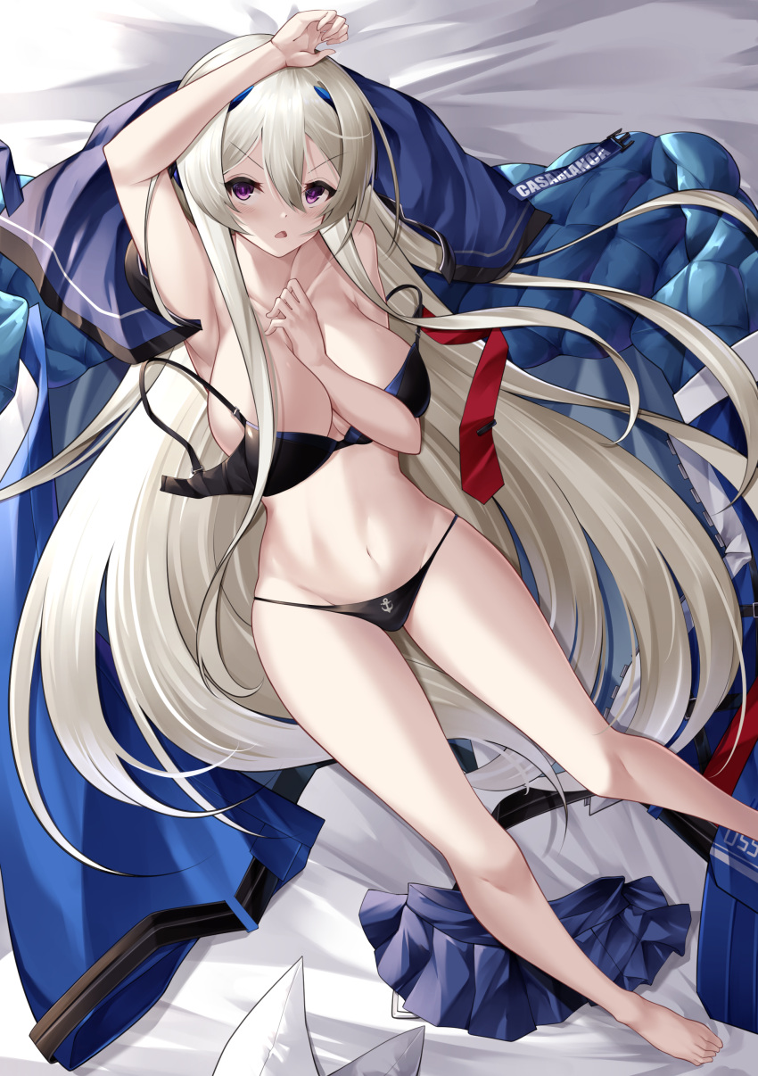 absurdres alternate_breast_size arm_between_breasts armpits azur_lane bare_legs bare_shoulders barefoot between_breasts black_bra black_panties blonde_hair blush bra breasts casablanca_(azur_lane) cleavage collarbone commission female hair_ornament hairclip hand_on_own_head highres huge_breasts legs long_hair looking_at_viewer lying navel necktie off_shoulder open_mouth panties pixiv_commission purple_eyes red_necktie simple_background skirt solo underwear unworn_bra unworn_clothes unworn_necktie unworn_skirt yan_lie