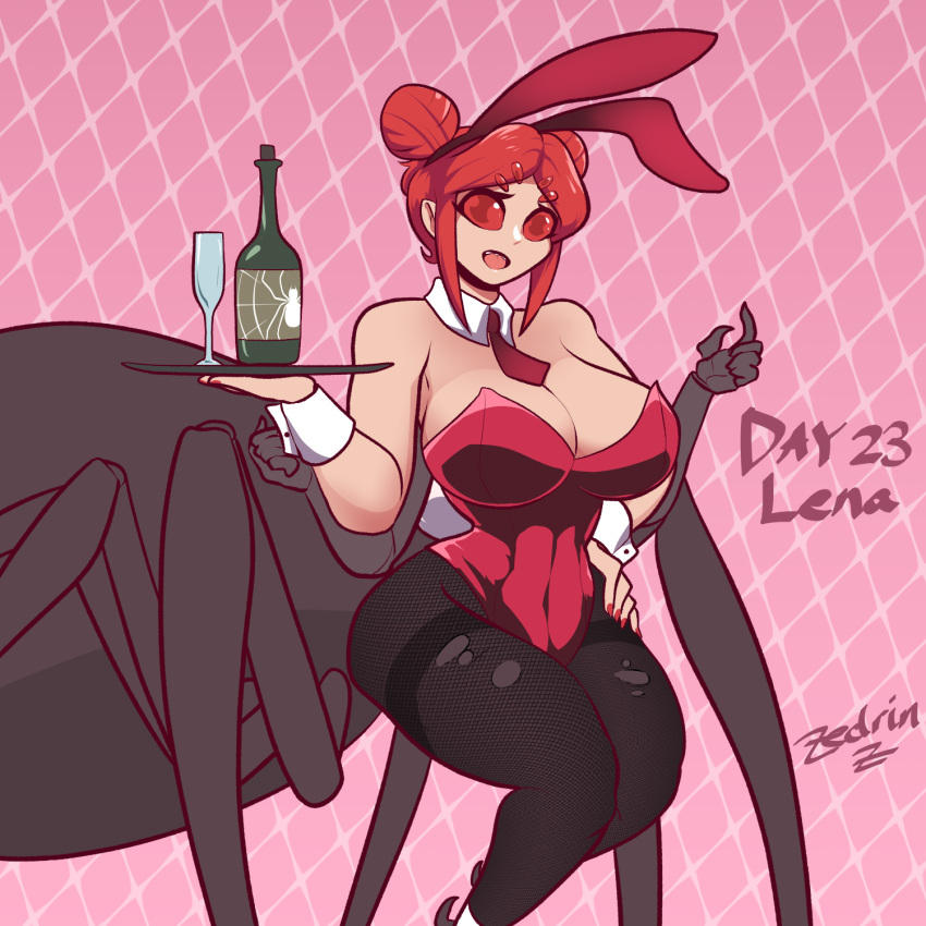 1:1 arachne arachnid arthropod big_breasts breasts bunny_costume cleavage clothed clothing costume european_mythology female greek_mythology hair hi_res humanoid mythology red_eyes red_hair solo wide_hips zedrin