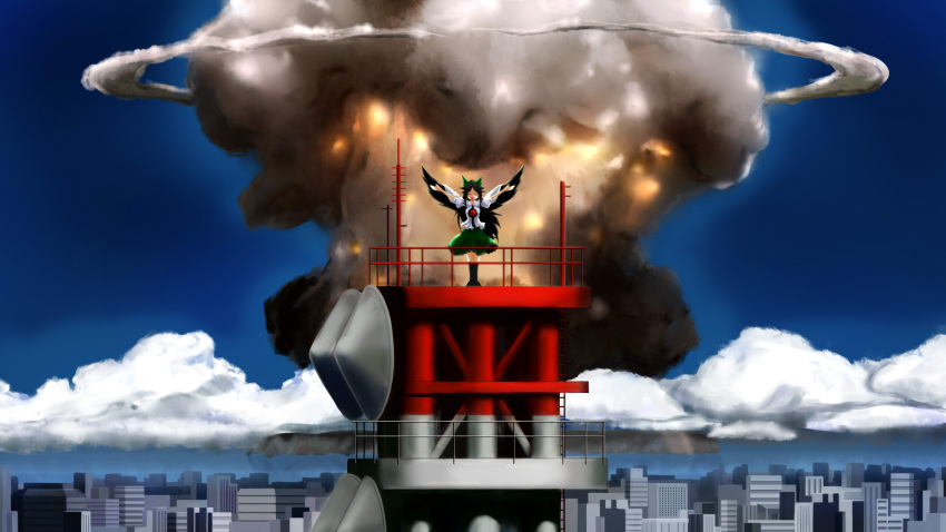 bad_id bad_pixiv_id black_hair city closed_eyes day explosion female happy highres long_hair mousou_dairinin mushroom_cloud nuclear_weapon open_mouth parody reiuji_utsuho ribbon sky smile solo touhou tsuyuki_(yukitgraph) very_long_hair wings