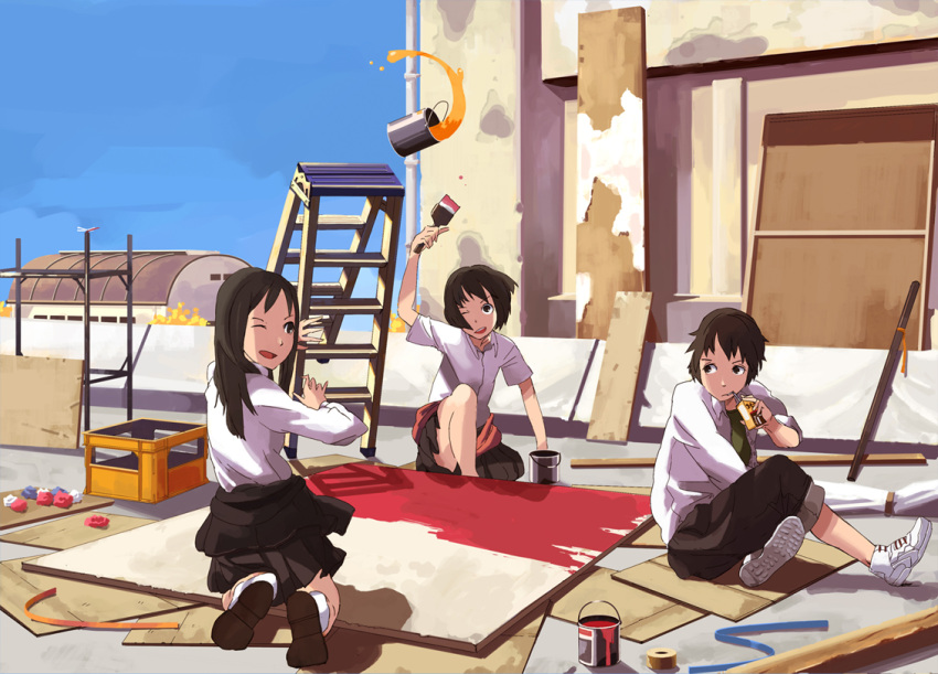 3girls bad_id bad_pixiv_id black_hair commentary_request copyright_request inaba_taiju multiple_girls paint paintbrush school_uniform trim_brush