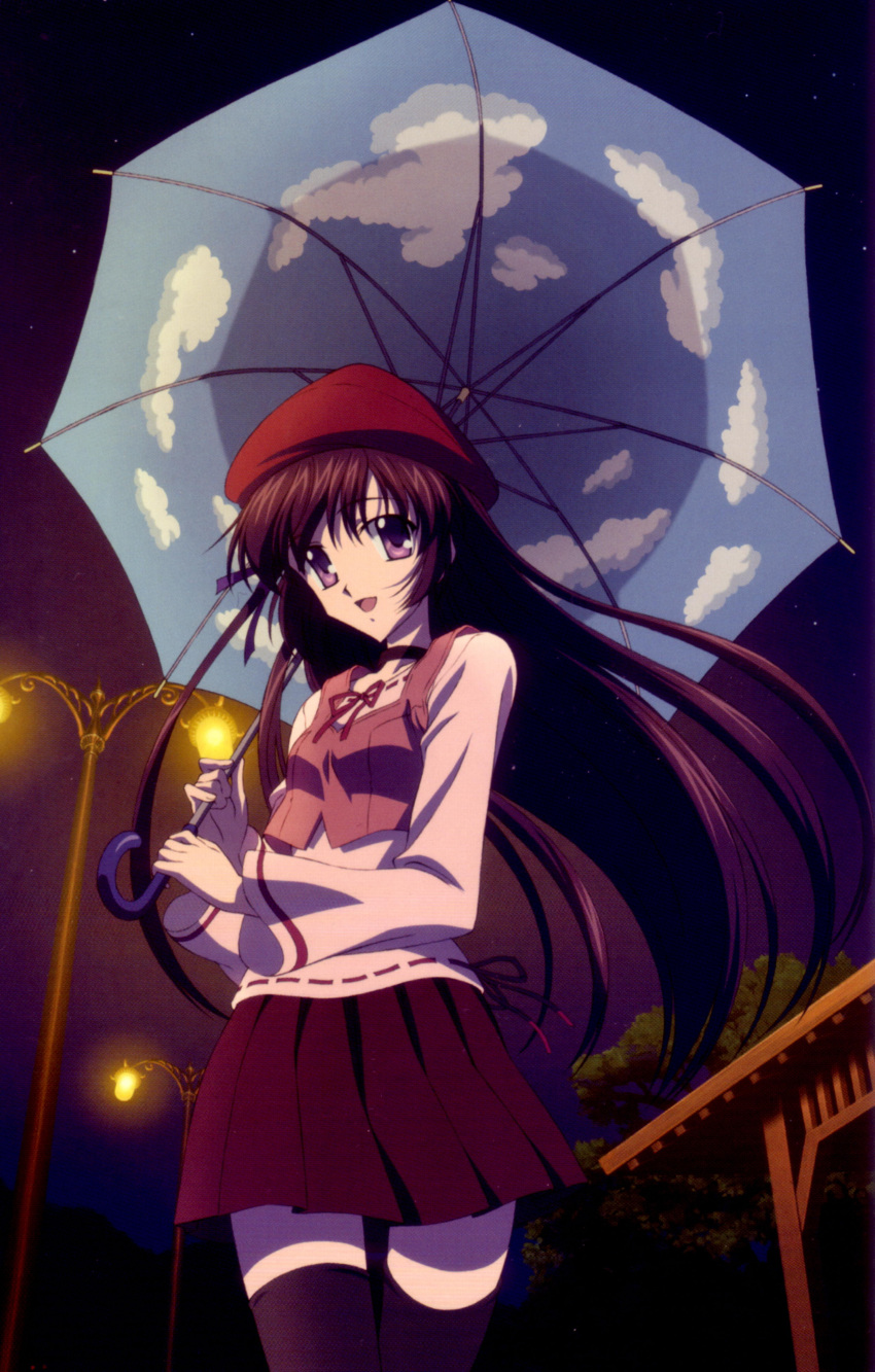 absurdres black_hair female hat highres imageboard_desourced koga_makoto lamppost long_hair night night_sky non-web_source purple_eyes ribbon shihou_matsuri sky sky_print sola solo star_(sky) starry_sky thighhighs umbrella very_long_hair