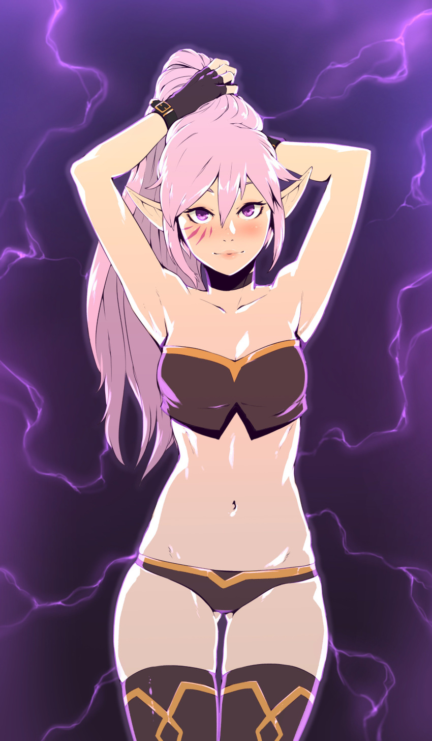 absurdres adjusting_hair armpits arms_up ass_visible_through_thighs bare_shoulders black_choker black_panties blush borrowed_character breasts choker cleavage collarbone commentary commission d-rex electricity elf english_commentary facial_mark female fingerless_gloves gloves highres kaleina_(ricegnat) lightning long_hair looking_at_viewer navel original panties pink_eyes pointy_ears purple_eyes purple_hair skindentation small_breasts smile solo thighhighs tying_hair underwear