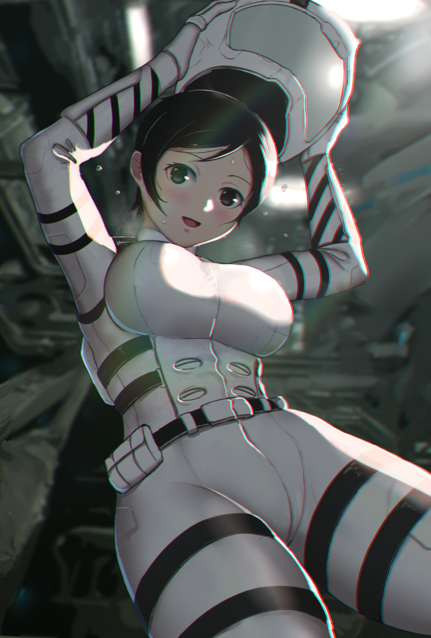 absurdres black_eyes black_hair blush bodysuit breasts female floating helmet highres large_breasts looking_at_viewer open_mouth shinatose_izana shiny_clothes short_hair sidonia_no_kishi smile solo takefu_jiin white_bodysuit zero_gravity